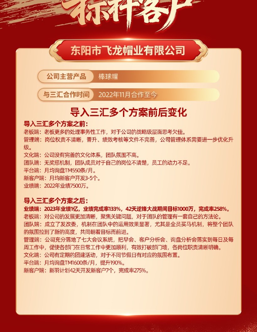 东阳市飞龙帽业有限公司与三汇咨询合作前后变化案例资料